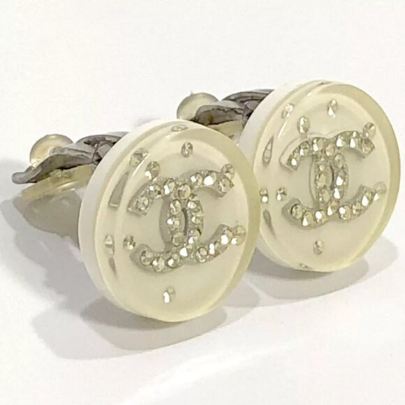 CHANEL CC Logos White Lucite Round Clip-On Earrings Silver Tone 07A Auth j11512 - Picture 10 of 16